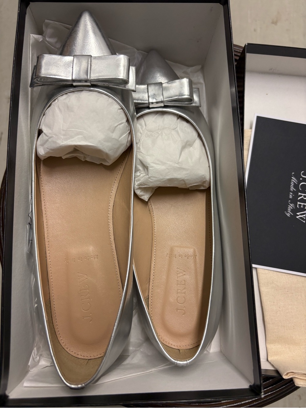 J. Crew Viv Mirror Metallic Bow Flats. Size 9.5. Like New.